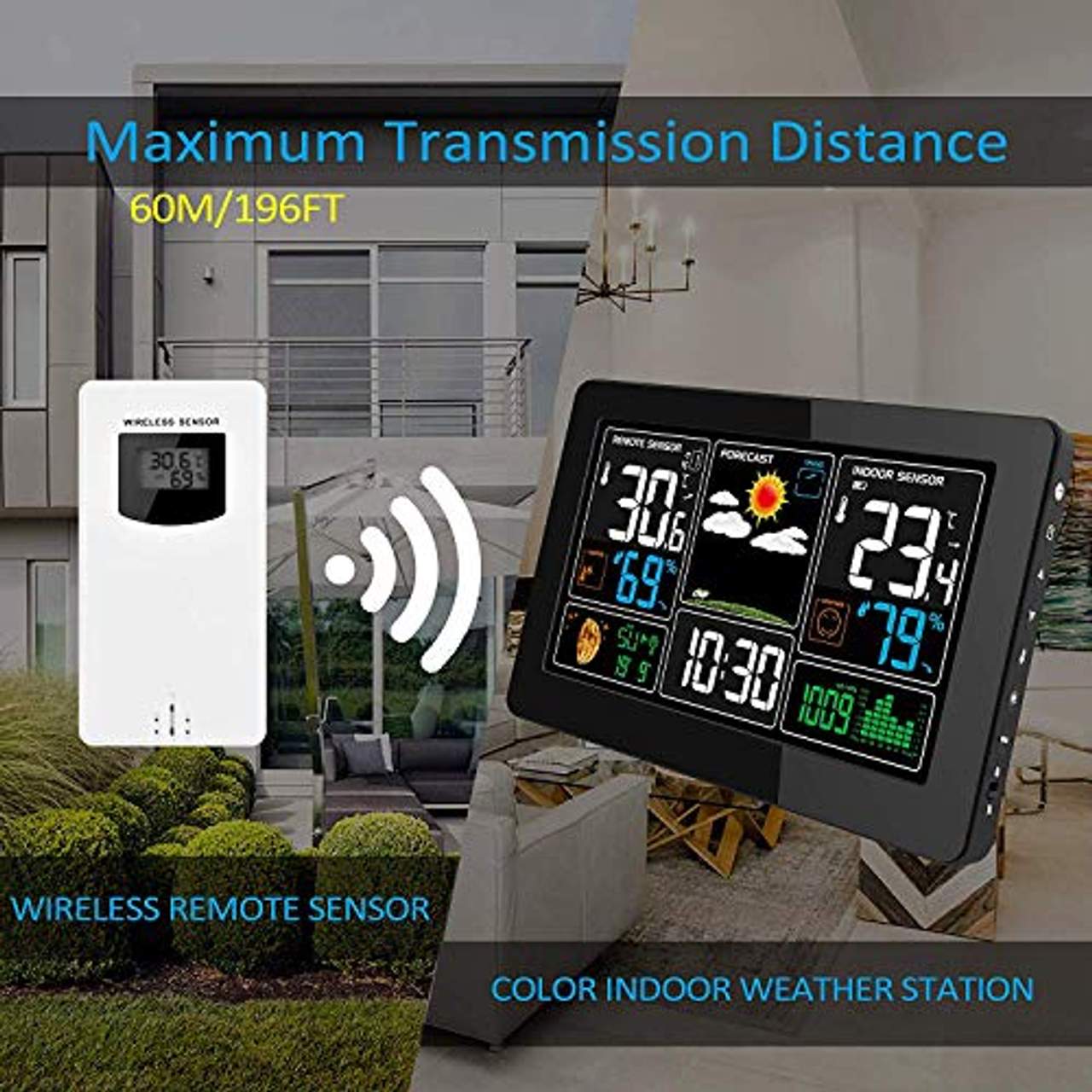 Kalawen Wetterstation mit Außensensor Innen und Außen 9-IN-1 Wireless Digital Wecker
