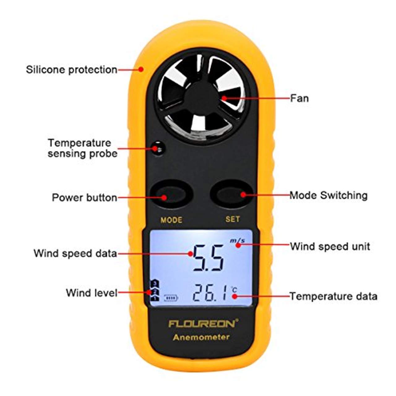 FLOUREON Digital Windmesser Windmessgerät Anemometer Thermometer