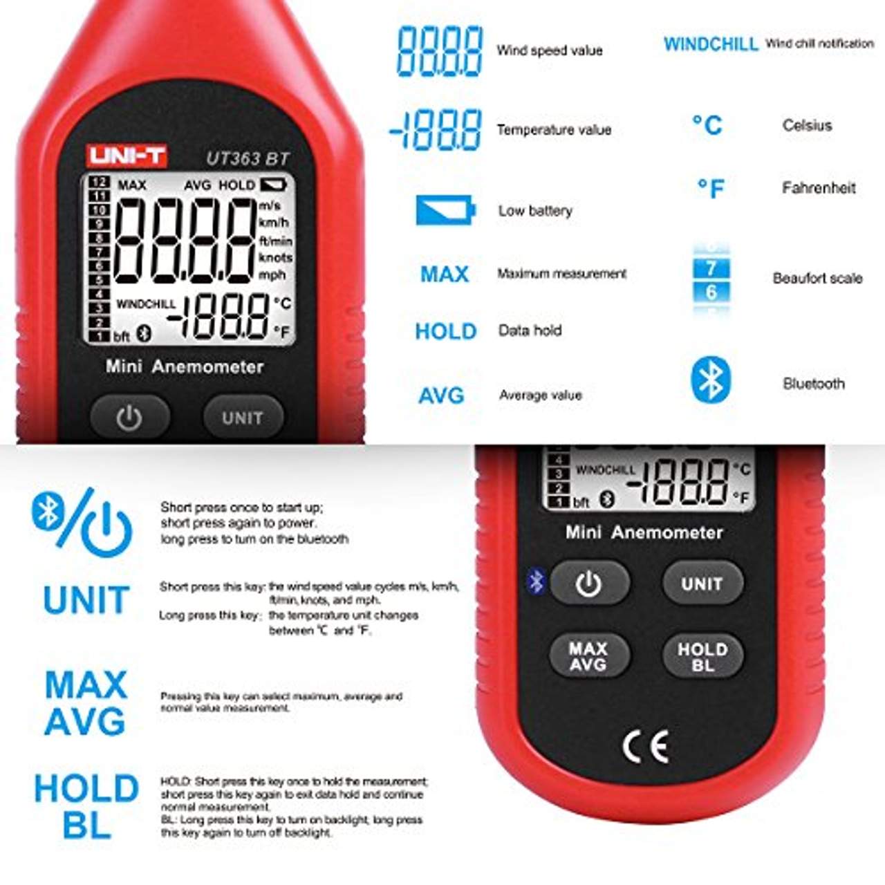 UNI-T UT363BT Bluetooth Anemometer Handheld Mini Digital