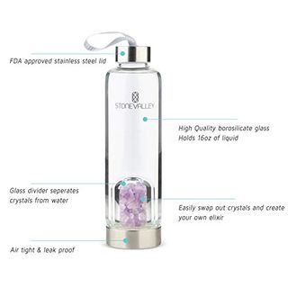 STONEVALLEY Kristall-Wasserflasche natürlicher Rosenquarz und Amethyst