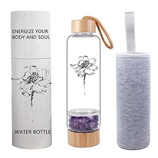 Mogokoyo 400ML Wasserflasche mit Edelstein Glas Trinkflasche mit Schutzhülle für Kristalltherapie Amethyst