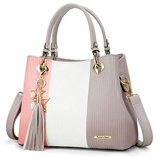 Pomelo Best Damen Handtasche Mehrfarbig gestreift V-förmiges Design Grau-Rosa-Weiß 