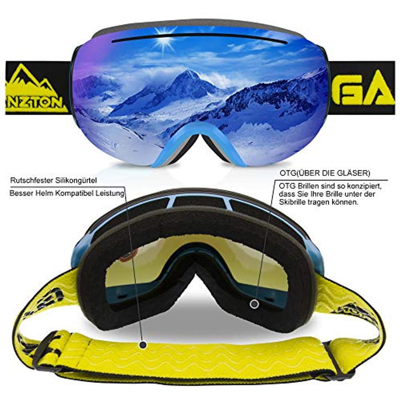 GANZTON Skibrille Ski Snowboard Brille OTG Brillenträger Schneebrille