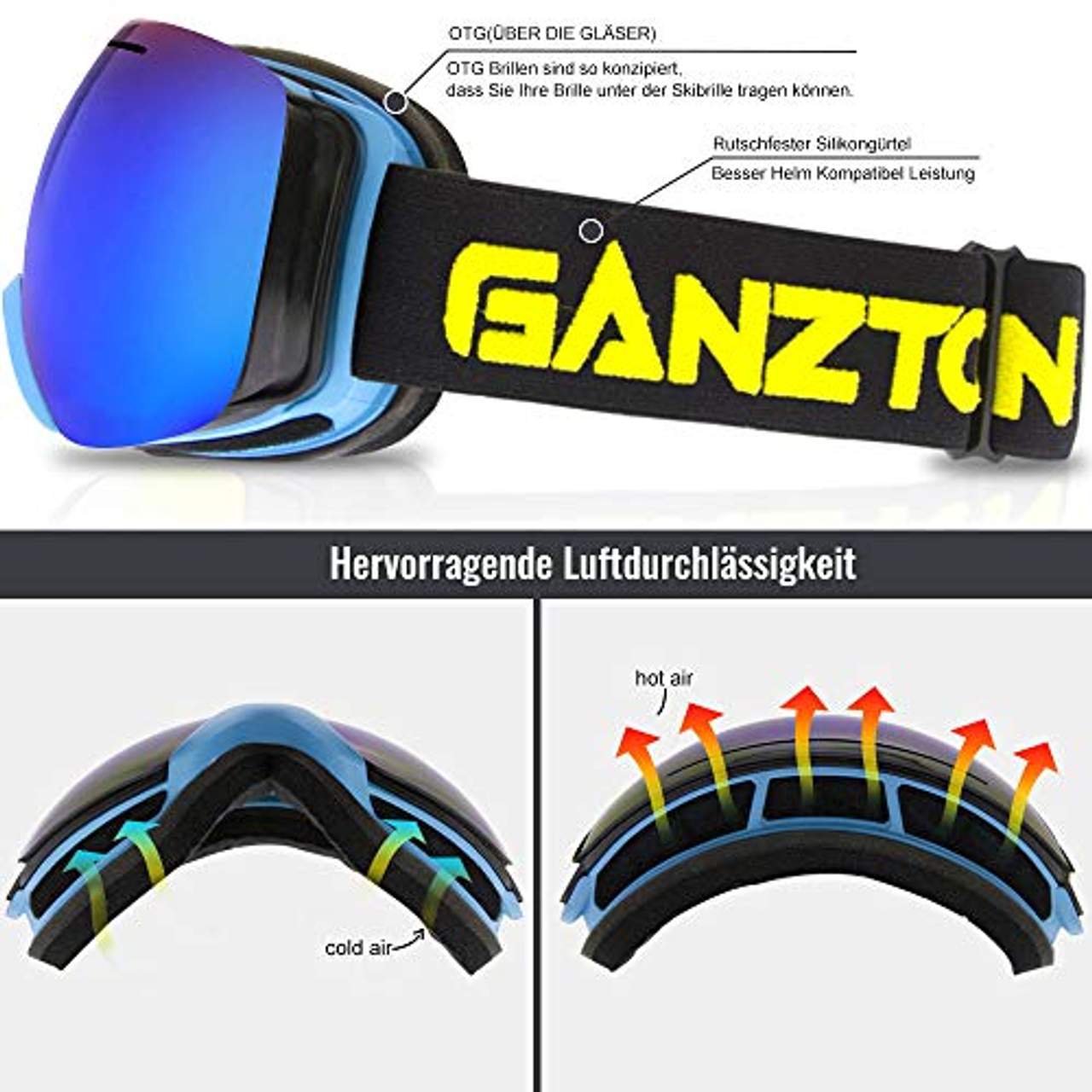 GANZTON Skibrille Ski Snowboard Brille OTG Brillenträger Schneebrille