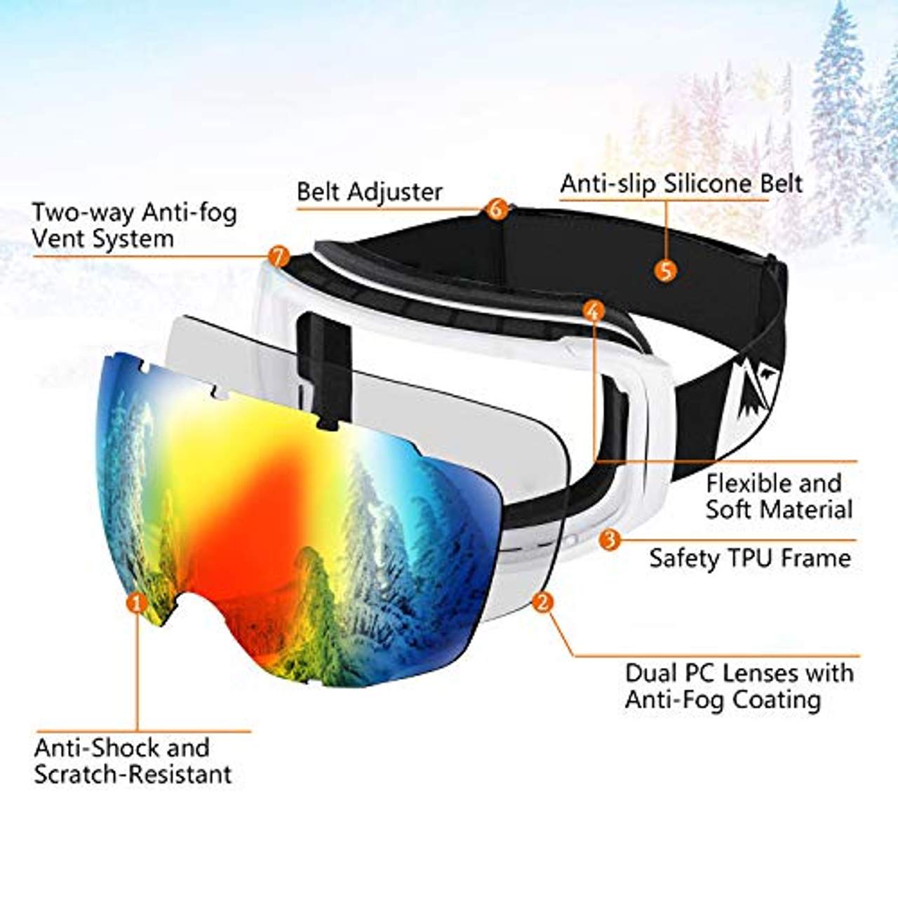BFULL Skibrille Für Damen und Herren Kids Brillenträger Skibrille 100% OTG UV400 Anti-Fog