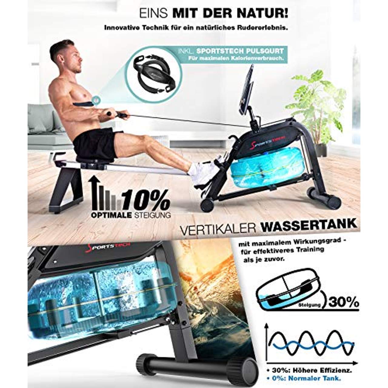 Sportstech Premium Wasser-Rudergerät Deutsche Qualitätsmarke