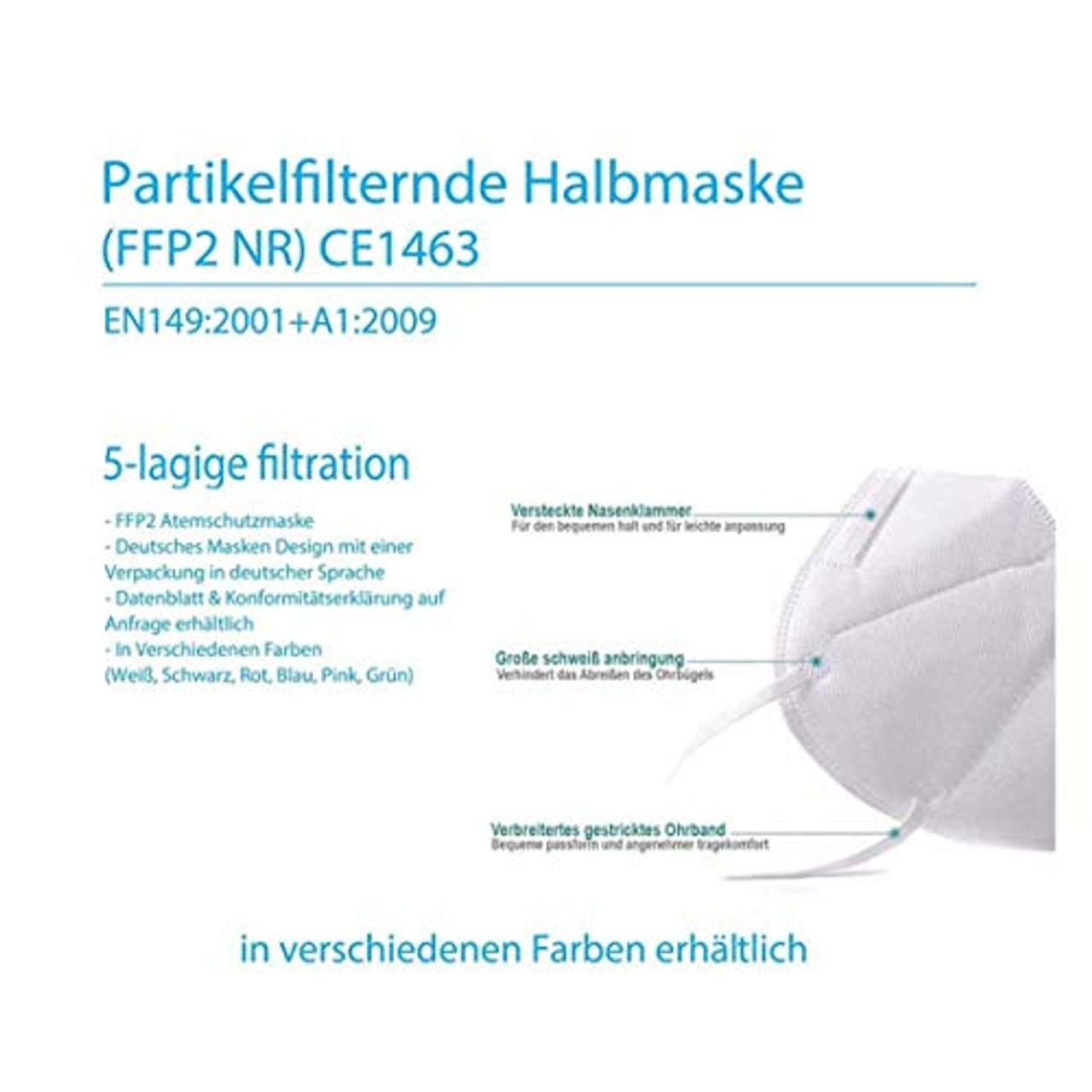 made2trade CE zertifizierte nach EN149:2001+A1:2009 geprüfte Einweg FFP2 NR Atemschutzmaske
