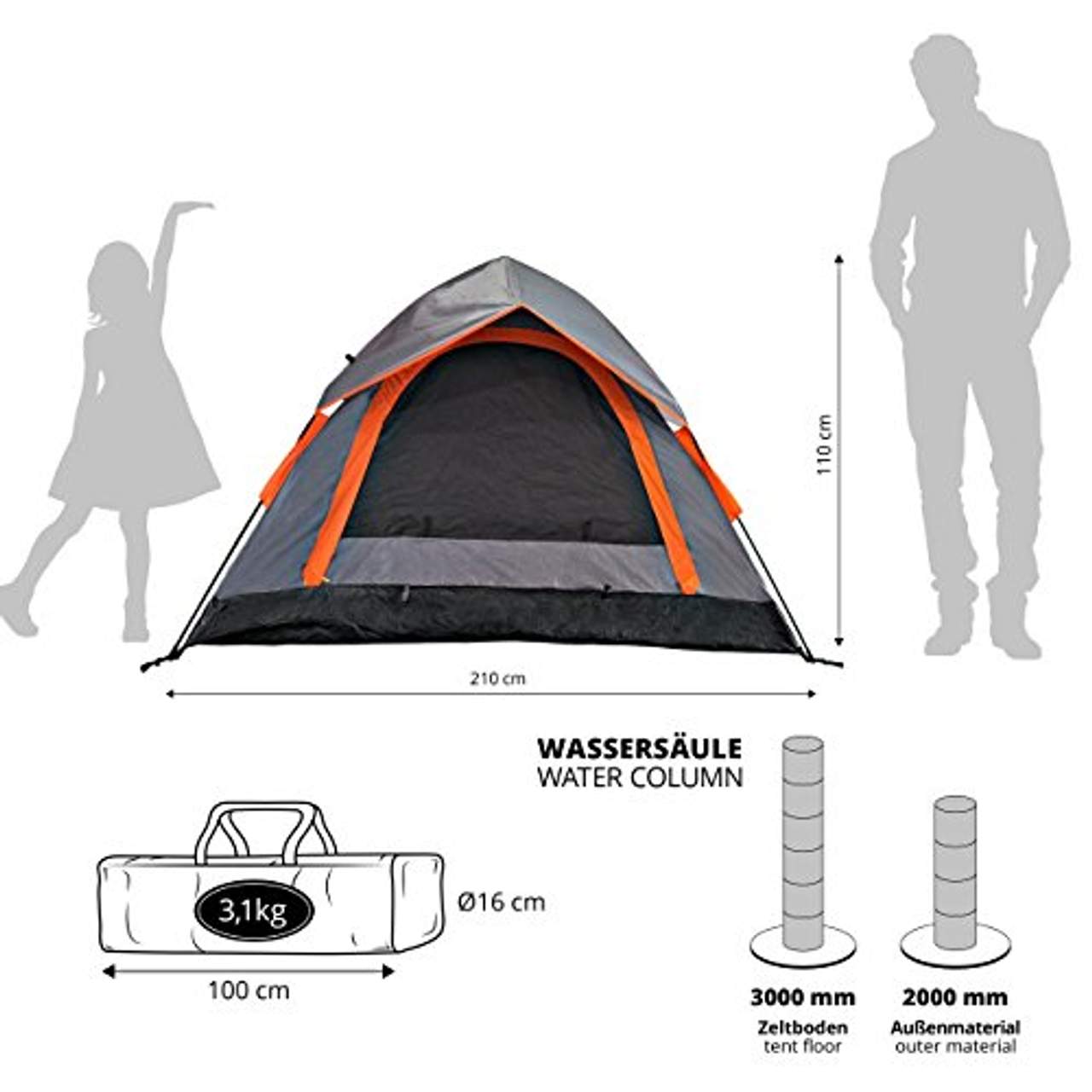 Lumaland Outdoor leichtes Pop Up Wurfzelt 3 Personen Zelt Camping Festival