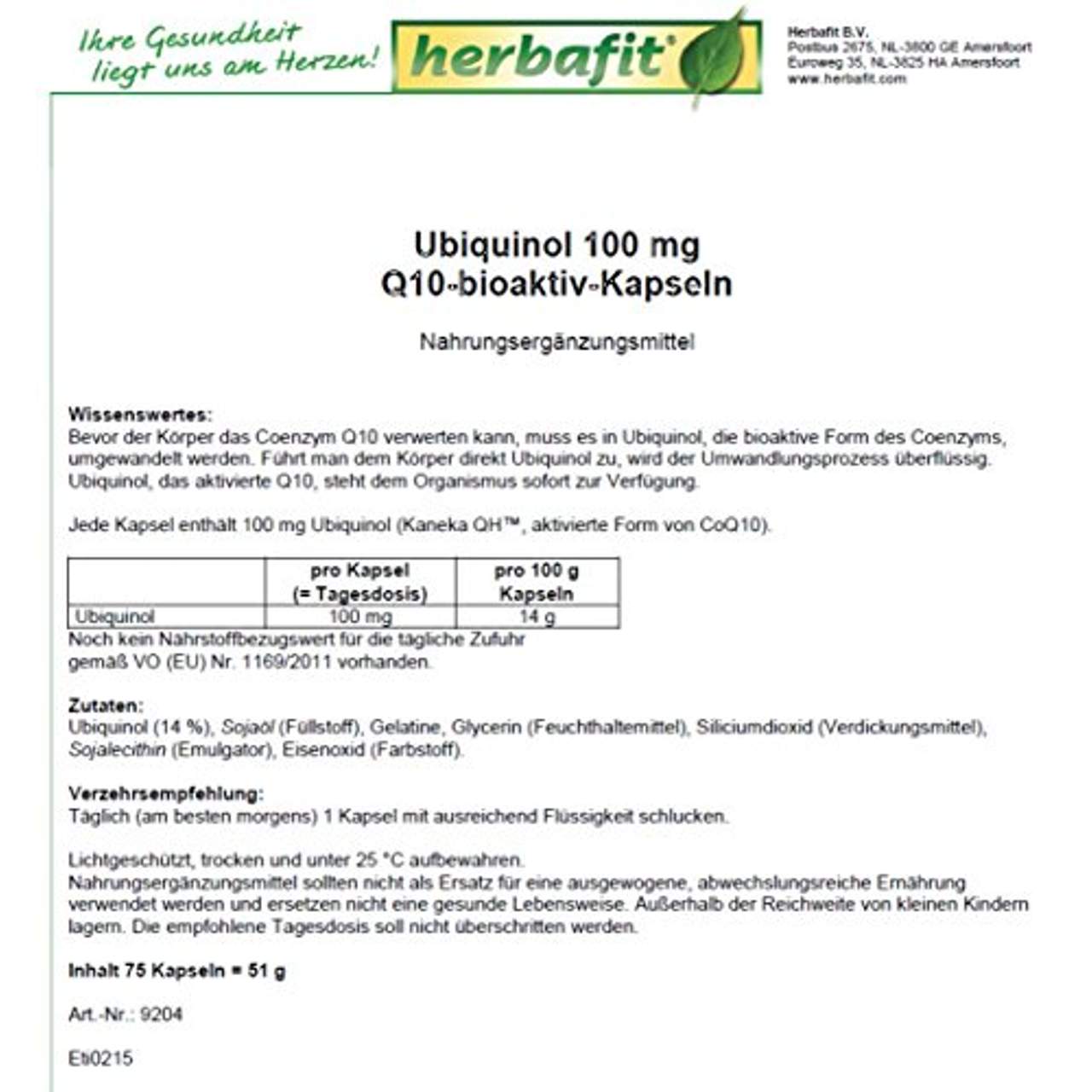 Ubiquinol 100 mg Q10 bioaktiv 75 Kapseln