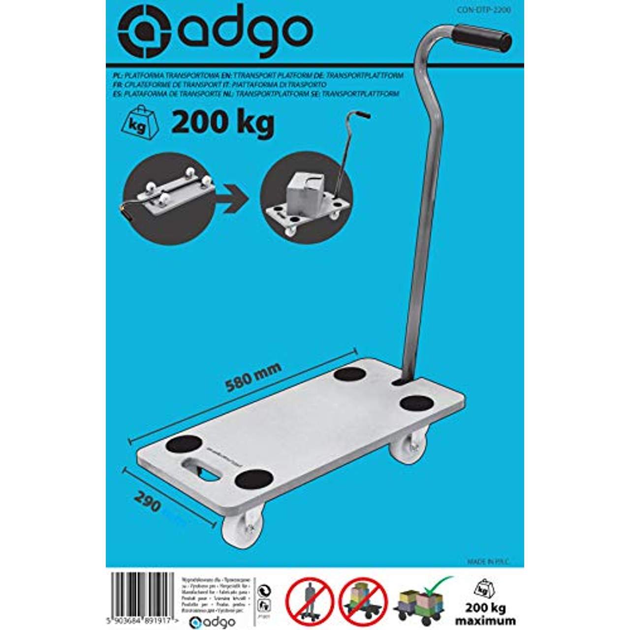 ADGO Transportplattform Rechteckig mit Deichsel Möbelroller Rollbrett Transportroller Transporter Möbelhund