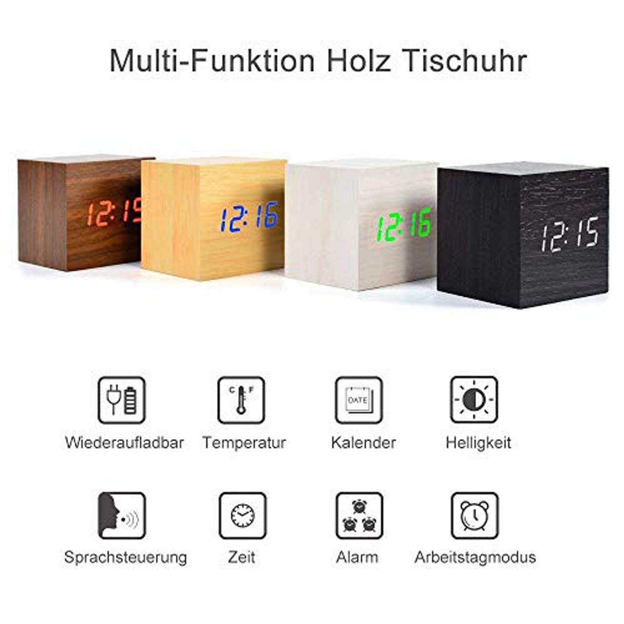 fomobest LED Wecker Wiederaufladbar Holz Tischuhr Klein Cube Datum