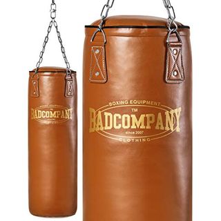 Bad Company Profi Retro Box-Set inkl Leder Boxsack 120 x 35cm gefüllt braun Deckenhalterung und Vierpunkt-Stahlkette PU Boxhandschuhe