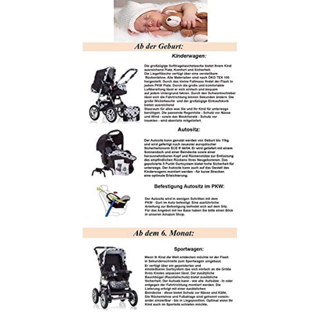 15 teiliges Qualitäts-Kinderwagenset 3 in 1 „FLASH“: Kinderwagen