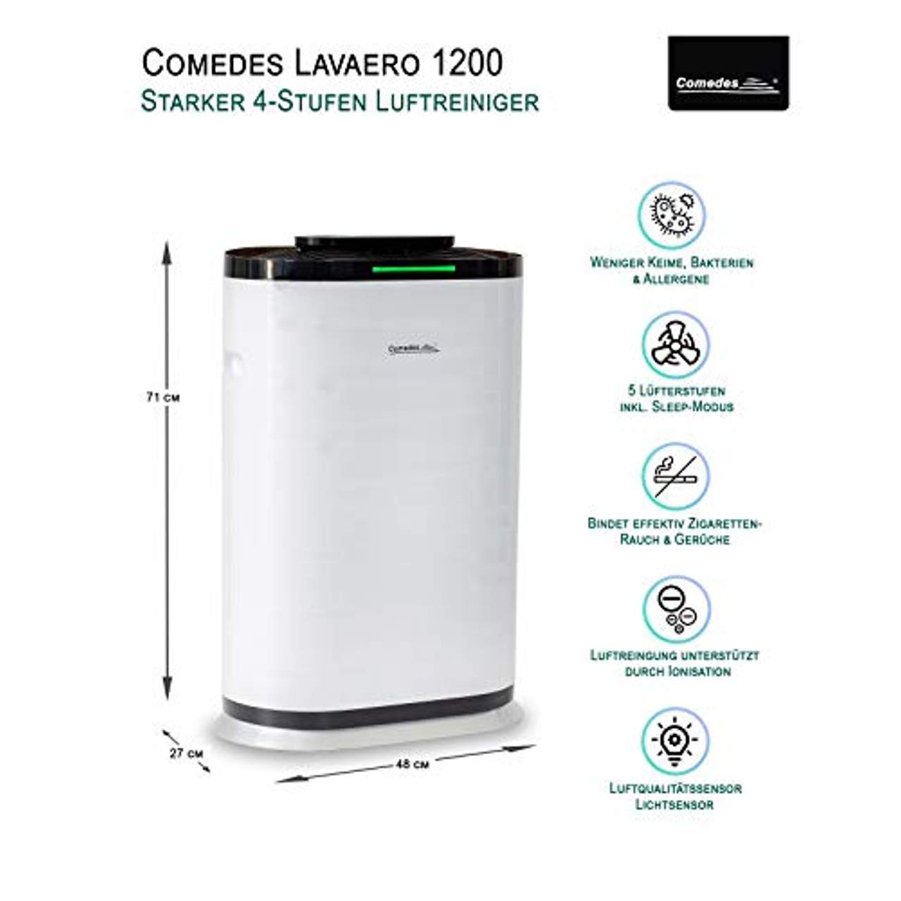 Comedes Lavaero 1200 Leistungsstarker 4-Stufen Luftreiniger