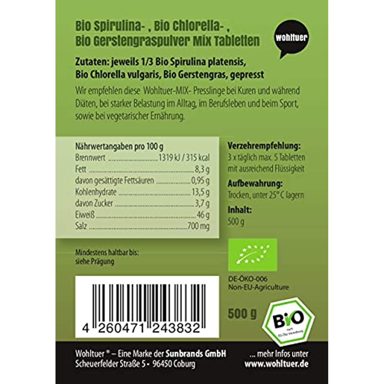 Wohltuer Spirulina Chlorella Gerstengras 1/3 Mix