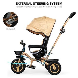 Fascol 4 in 1 Dreirad Klappbar Kinderwagen Tricycle für Kinder ab 6 Monate bis 5 Jahren Gold Kinderdreirad mit Abnehmbarer Sonnendach Schubstange 