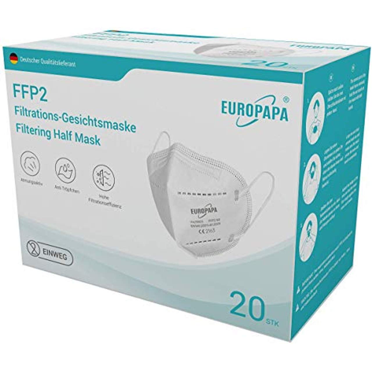 20er-Pack FFP2 CE zertifizierte und Dekra geprüfte 5-Lagen-Mundschutzmaske