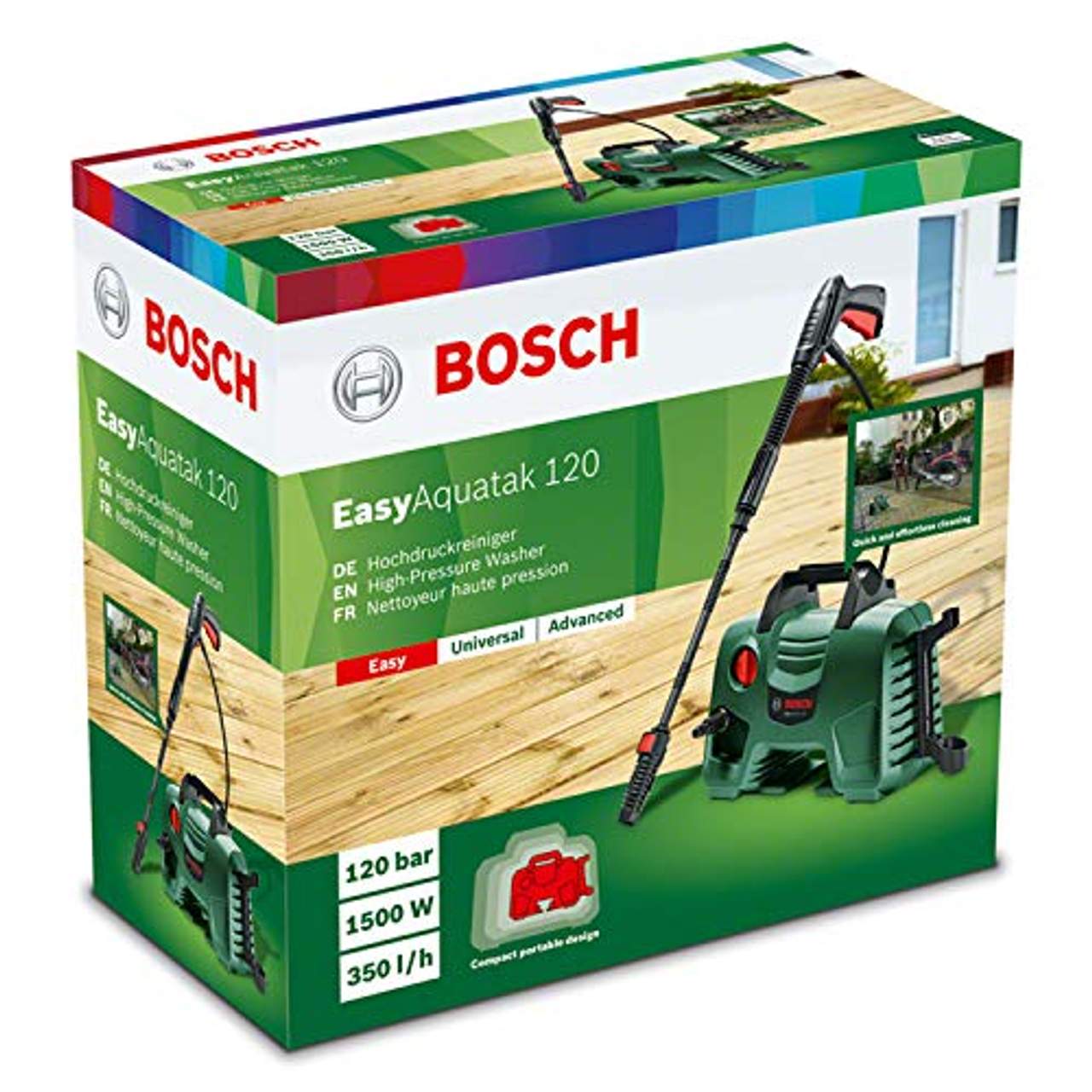 Bosch Hochdruckreiniger EasyAquatak 120 (3 x Düse, Hochdruckpistole, transparenter Wasserfilter, 5 m Kabel, 5 m Schlauch,  