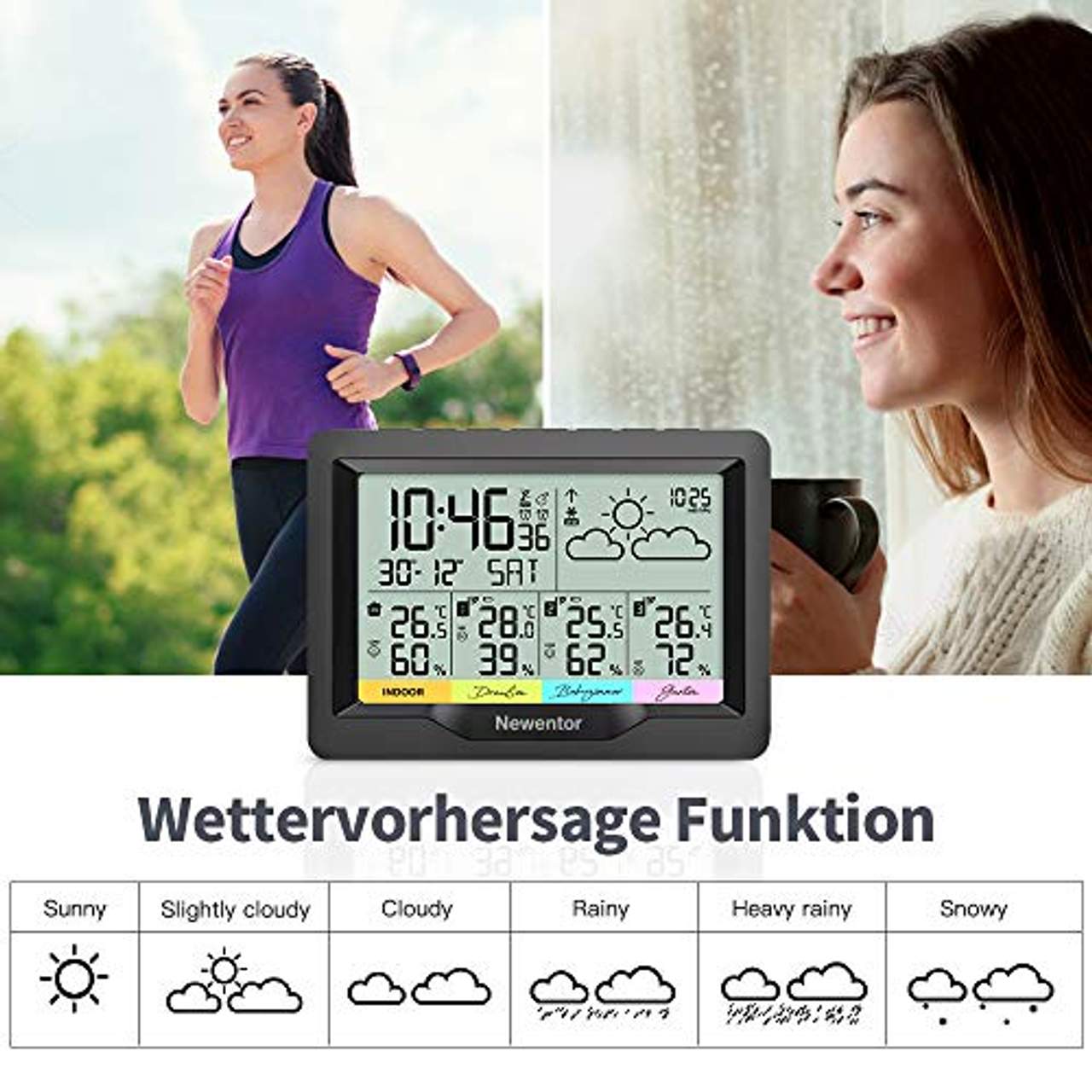 Newentor Wetterstation Funk mit 3 Außensensor Indoor Outdoor Thermometer Hygrometer DCF-Funkuhr