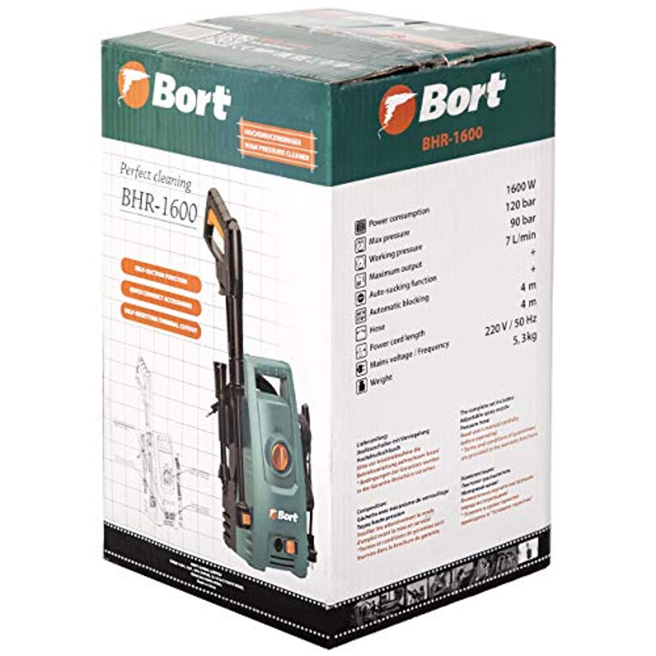 Bort Hochdruckreiniger BHR-1600, 120 bar, 7 L/min, 4m Schlauch, 1600 Watt, Quick Connect System zum schnellen Wechseln der Aufsätze