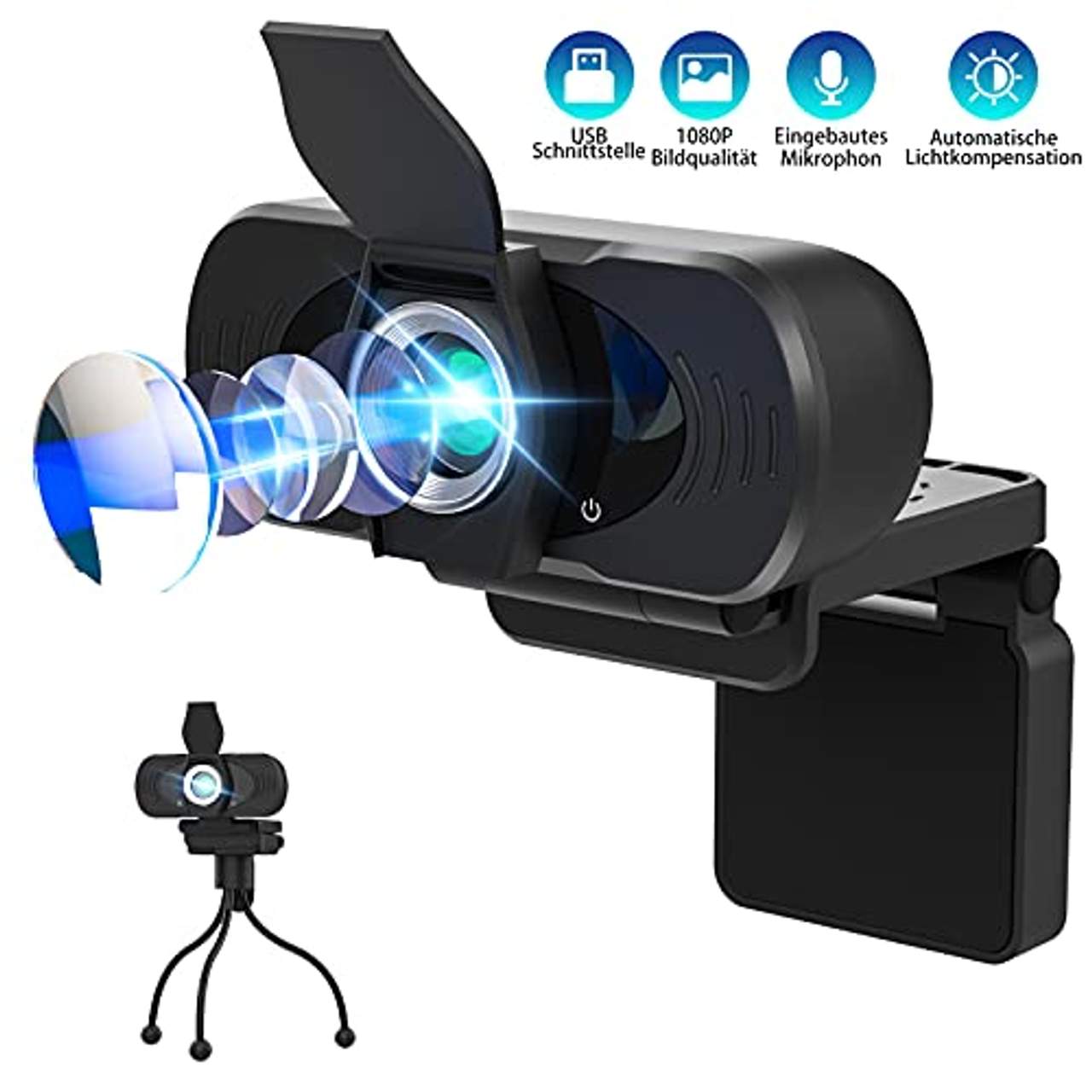 PASONOMI Webcam mit Mikrofon Stativ