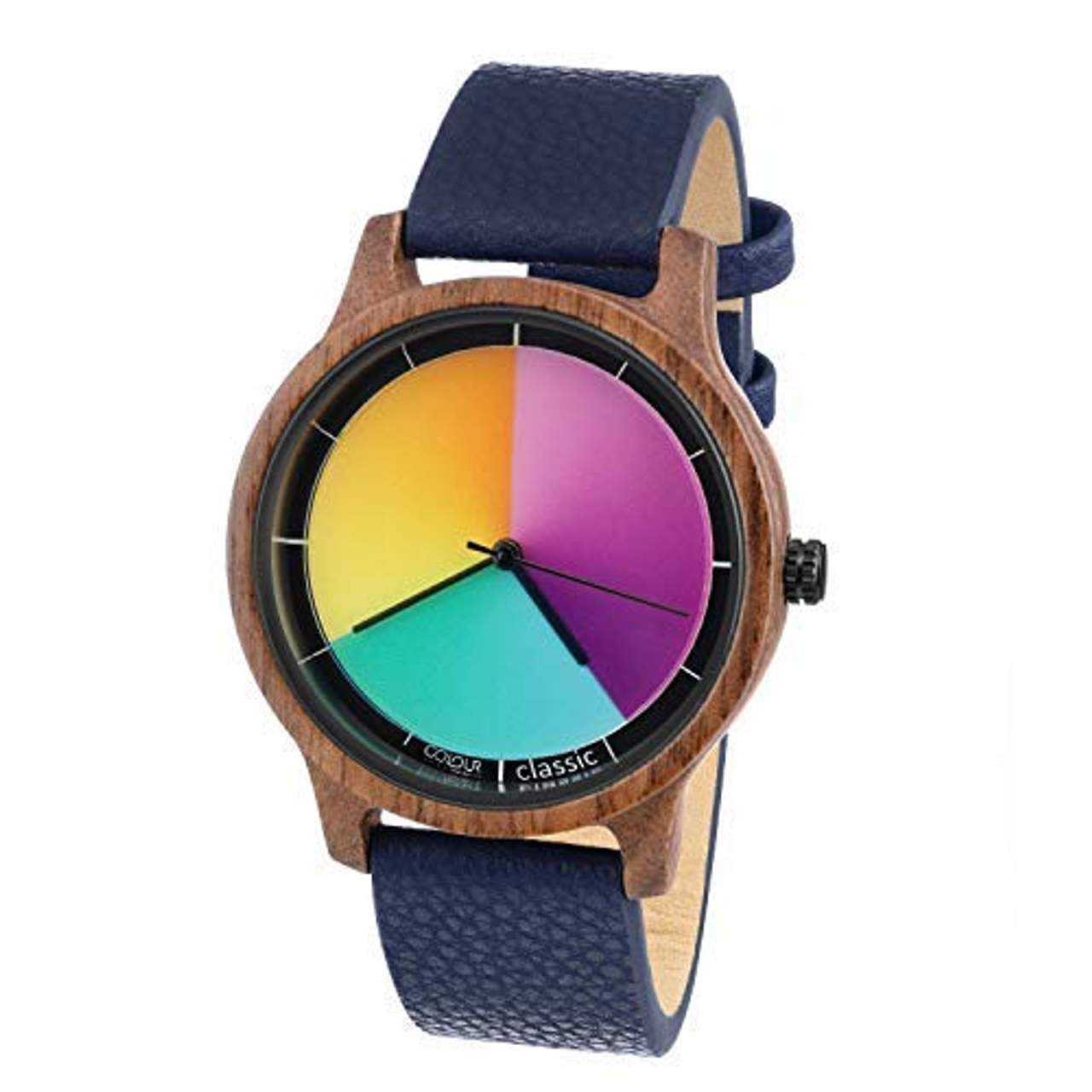 Rainbow Watch Cool Wood Walnuss Classic Blue Leather Unisex Armbanduhr