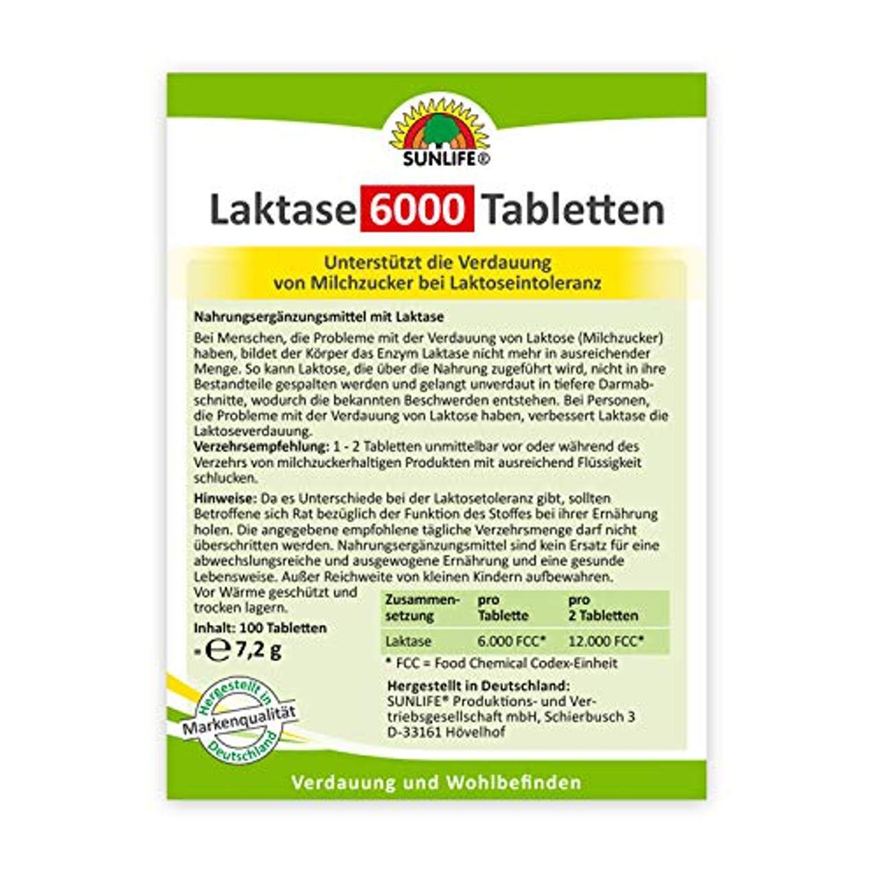 Sunlife Laktasetabletten 6.000 FCC im Klickspender: bei Lactoseintoleranz
