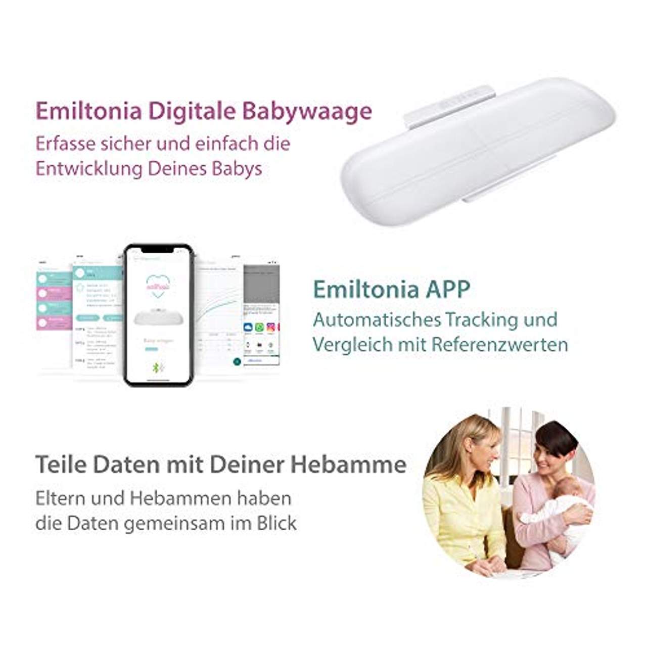 Smartphone-fähige Emiltonia Babywaage inkl. Gratis APP für iOS