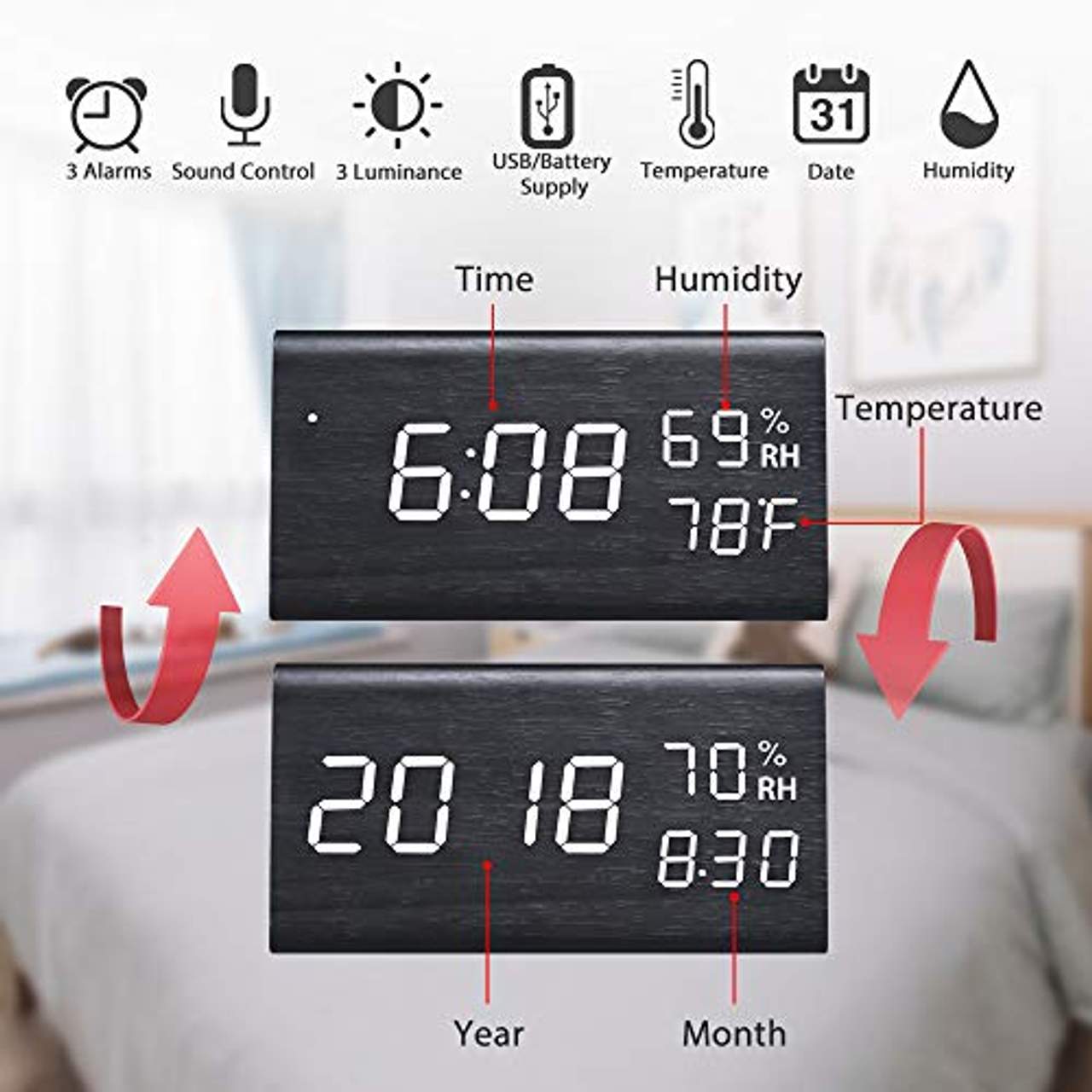 Ninonly Digital Wecker mit 3 Alarm Einstellungen LED Digitaluhr Holz Modern mit Datum Temperatur
