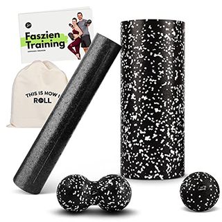 Foam Roller 3 Widerstandsbänder wirbelsäule Faszienball Tragebeutel massiert und dehnt Nacken zum Faszien Training der Muskeln und Schmerztherapie Massageroller Stick Faszienrolle Set 4 in 1 