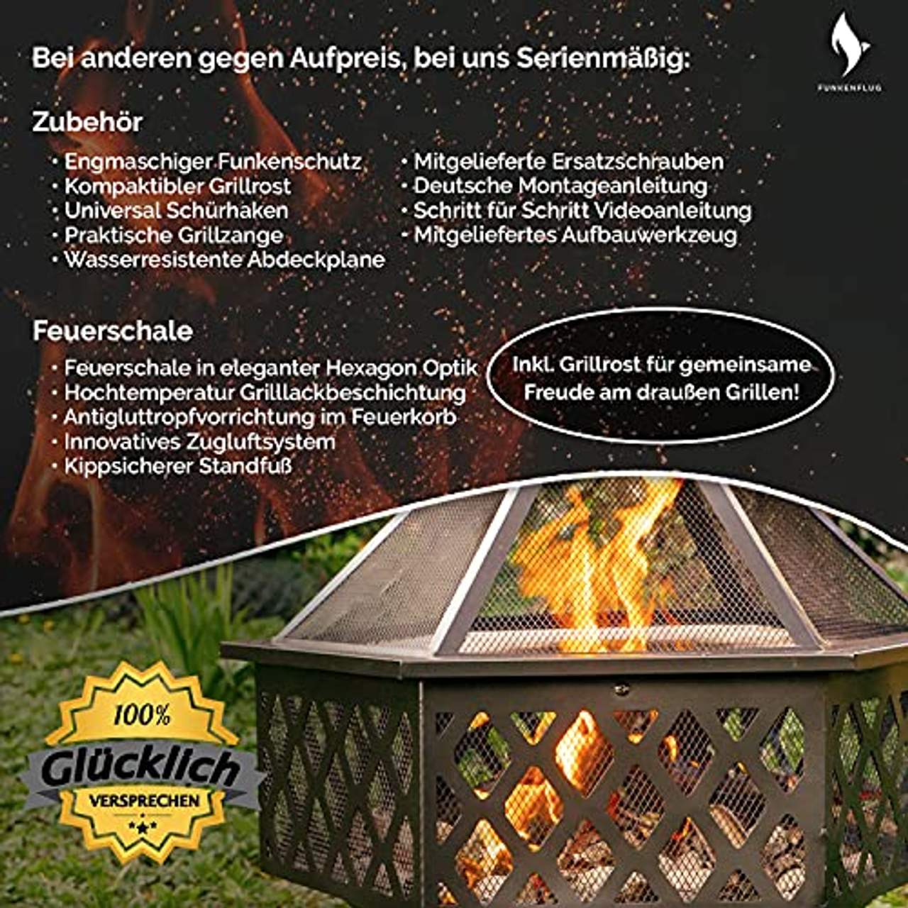 FUNKENFLUG® Feuerschale mit Funkenschutz & Grillrost
