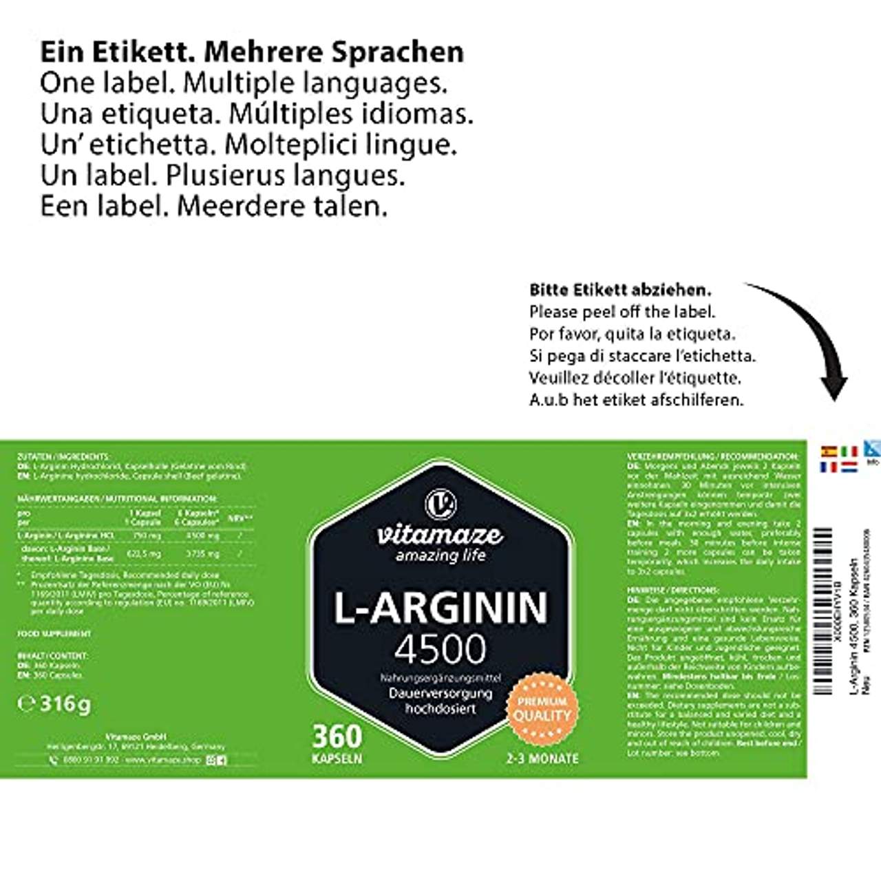 L-Arginin Kapseln hochdosiert 4500 mg je Tagesdosis