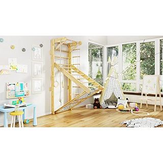 Kidsmont Kombi Sprossenwand für Kinderzimmer Kletterwand aus natürlichem Holz 5-in-1 Kinder Indoor Klettergerüst bis 150kg 