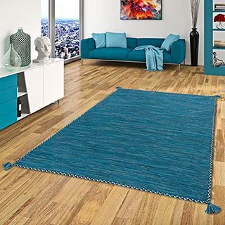 Natur Teppich Bauwolle Kelim Prico Blau Petrol in 8 Größen