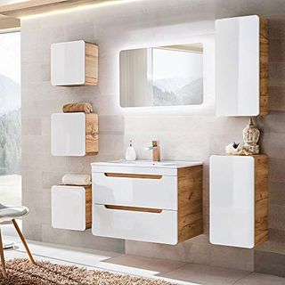 Lomadox Badezimmermöbel Set mit 80cm Waschtisch & LED-Spiegel