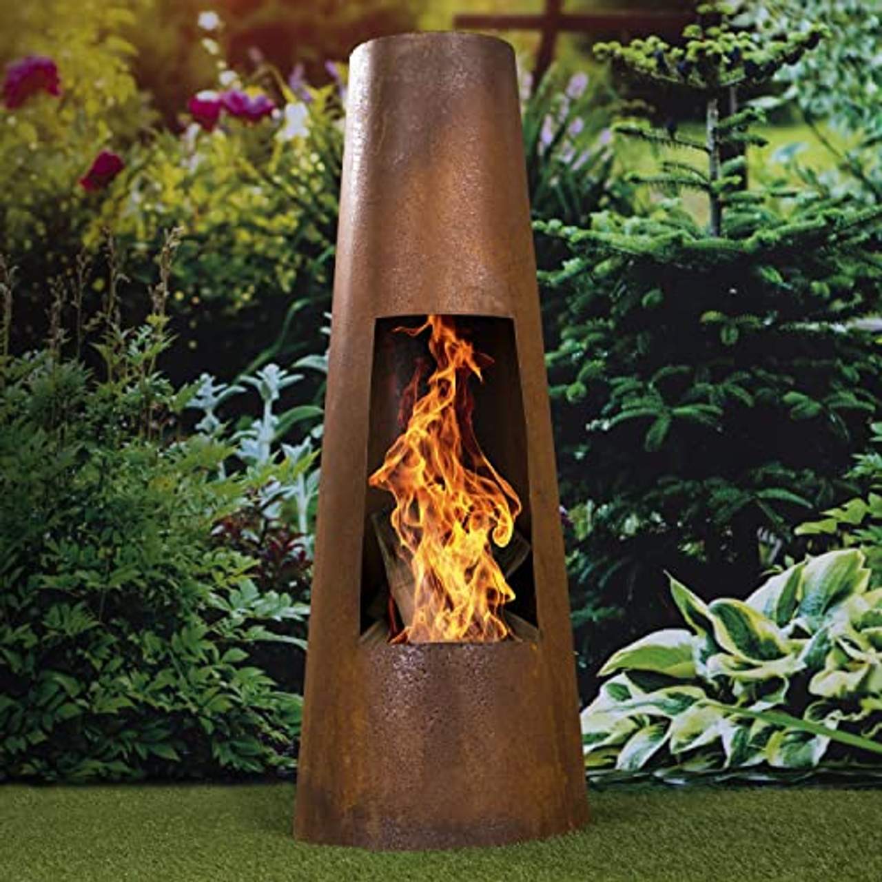 Haushalt International Feuerstelle aus Metall Rostoptik 100 cm Feuersäule Terrassenfeuer