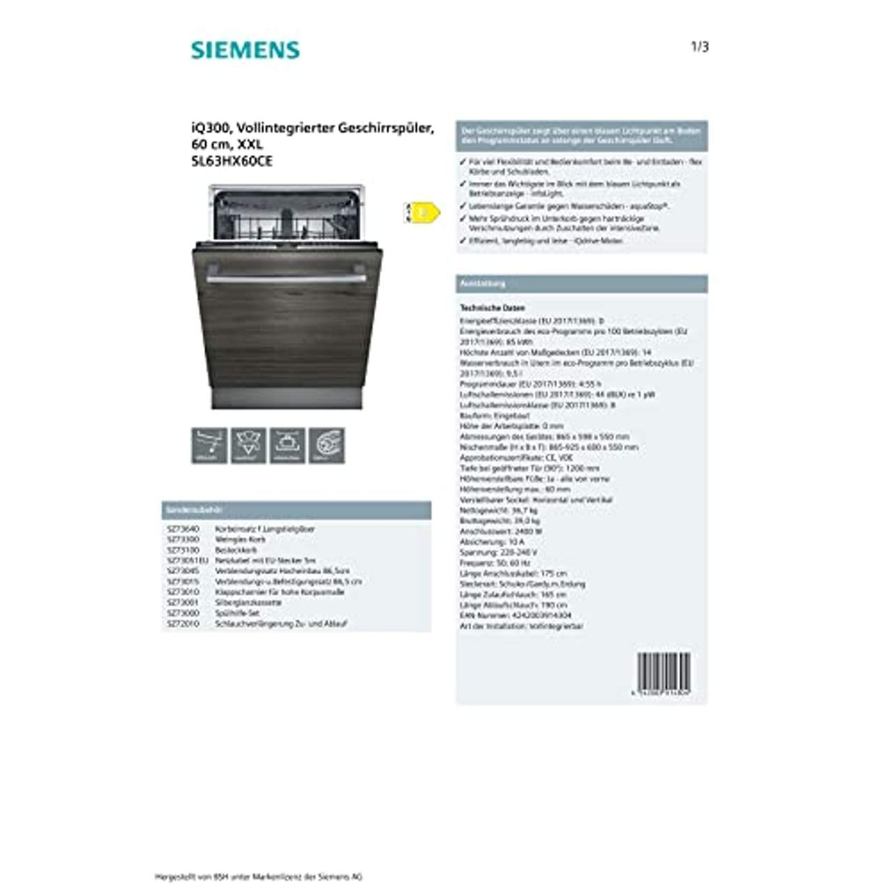 Siemens SL63HX60CE iQ300 XXL-Geschirrspüler Vollintegriert