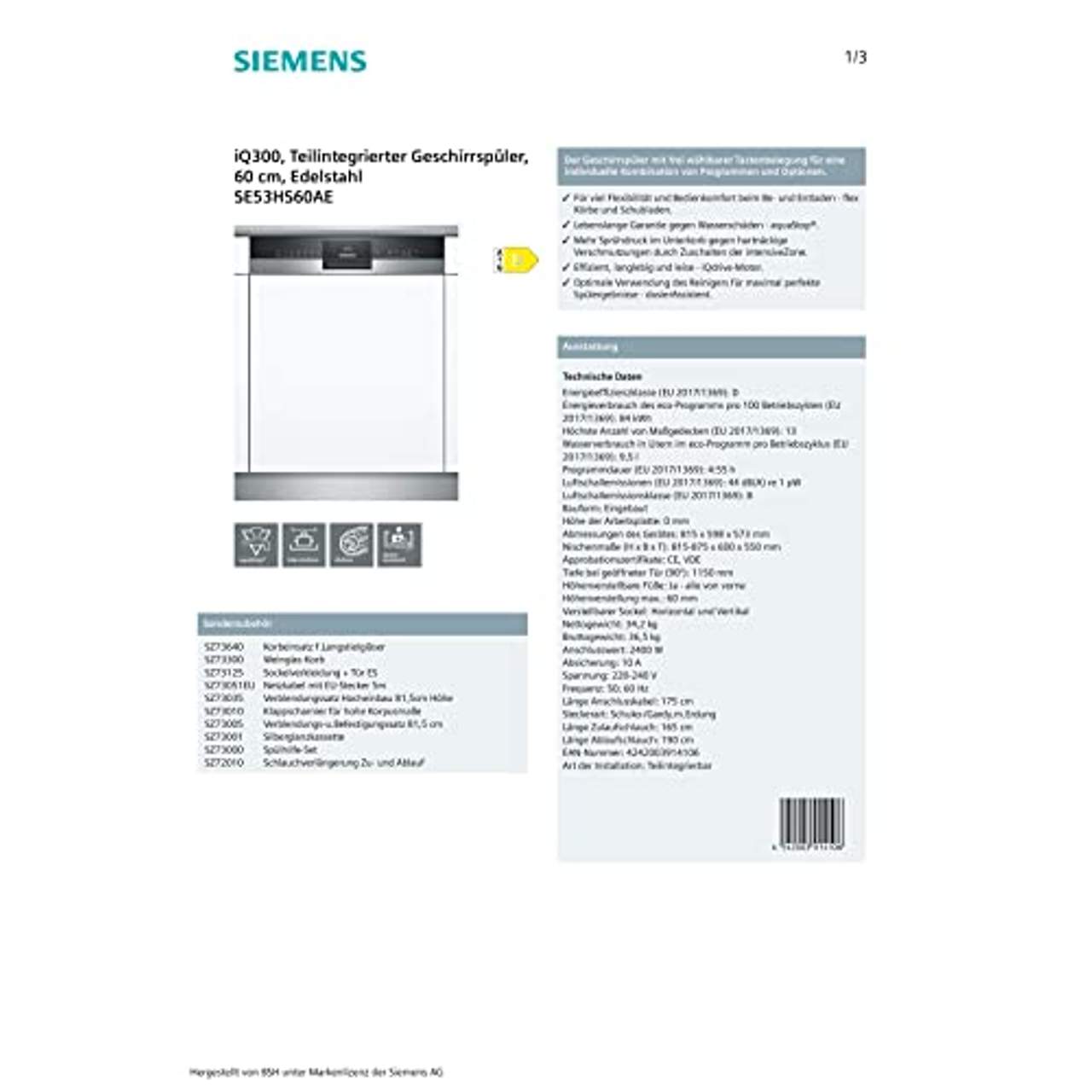 Siemens SE53HX60AE iQ300 Geschirrspüler Teilintegriert
