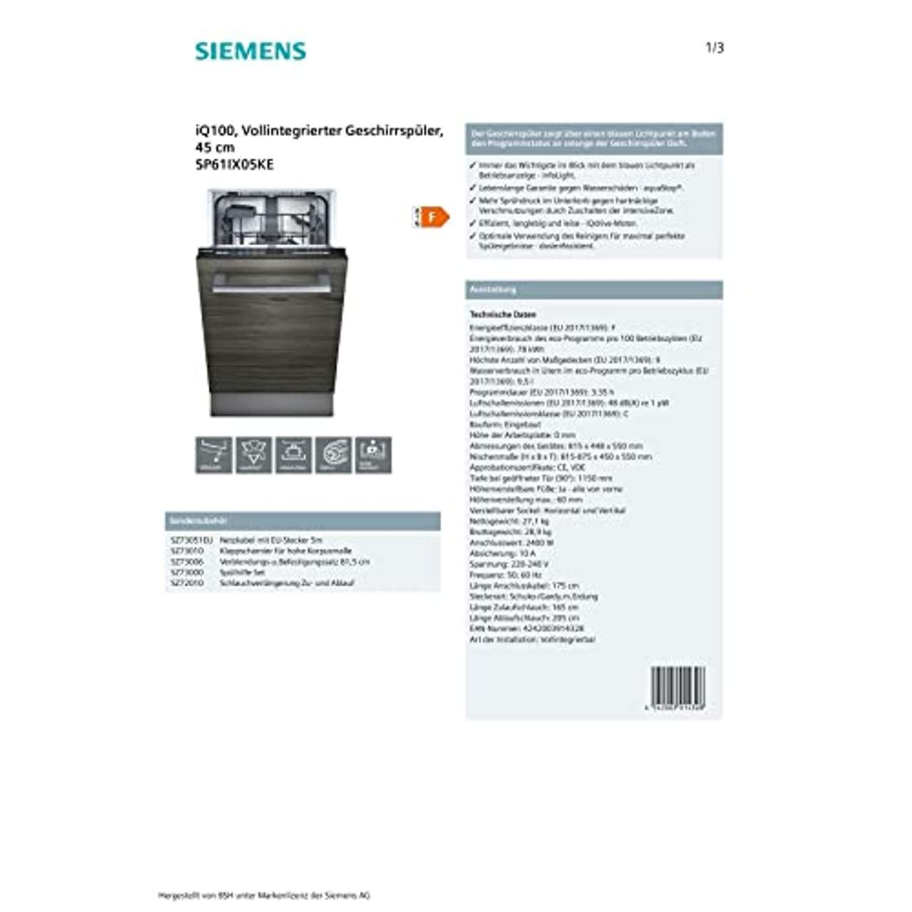 Siemens SP61IX05KE iQ100 Geschirrspüler Vollintegriert