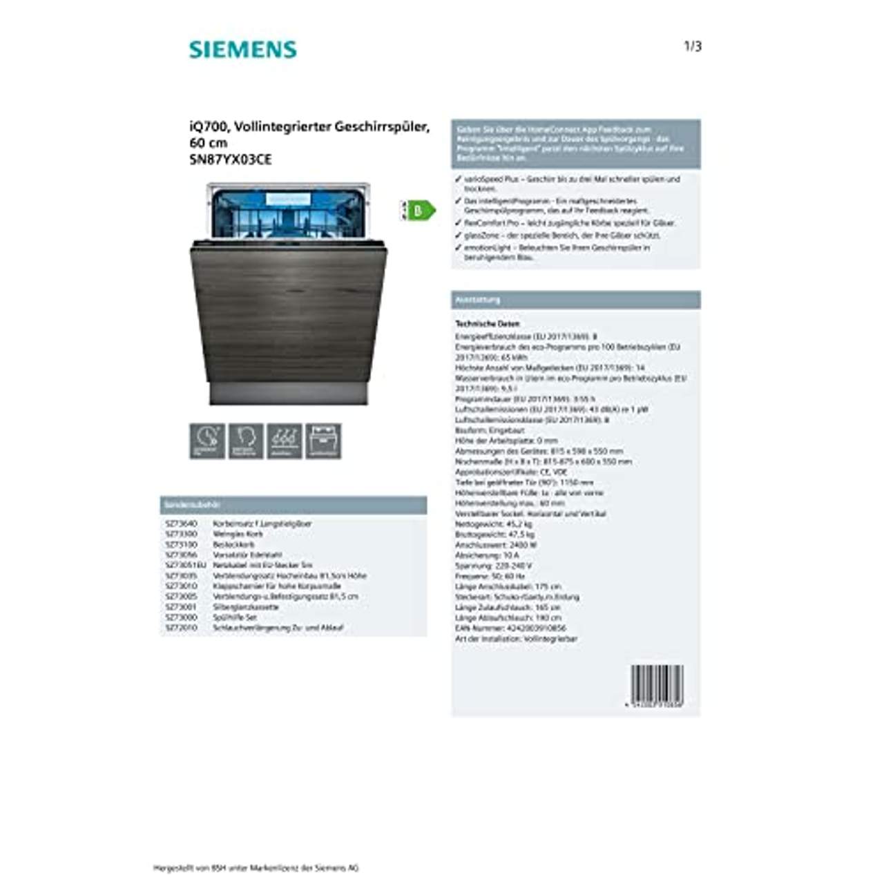 Siemens SN87YX03CE iQ700 Smarter Geschirrspüler Vollintegriert