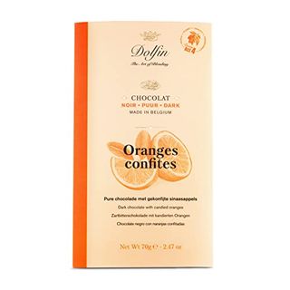 Dolfin Zartbitterschokolade mit kandierten Orangen, Made in Belgium