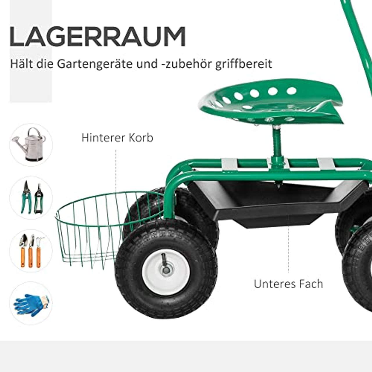 Outsunny Gartenwagen mit Rollsitz bis 150 kg mit Ablage Korb für kleine Gartengeräte Werkstattwagen