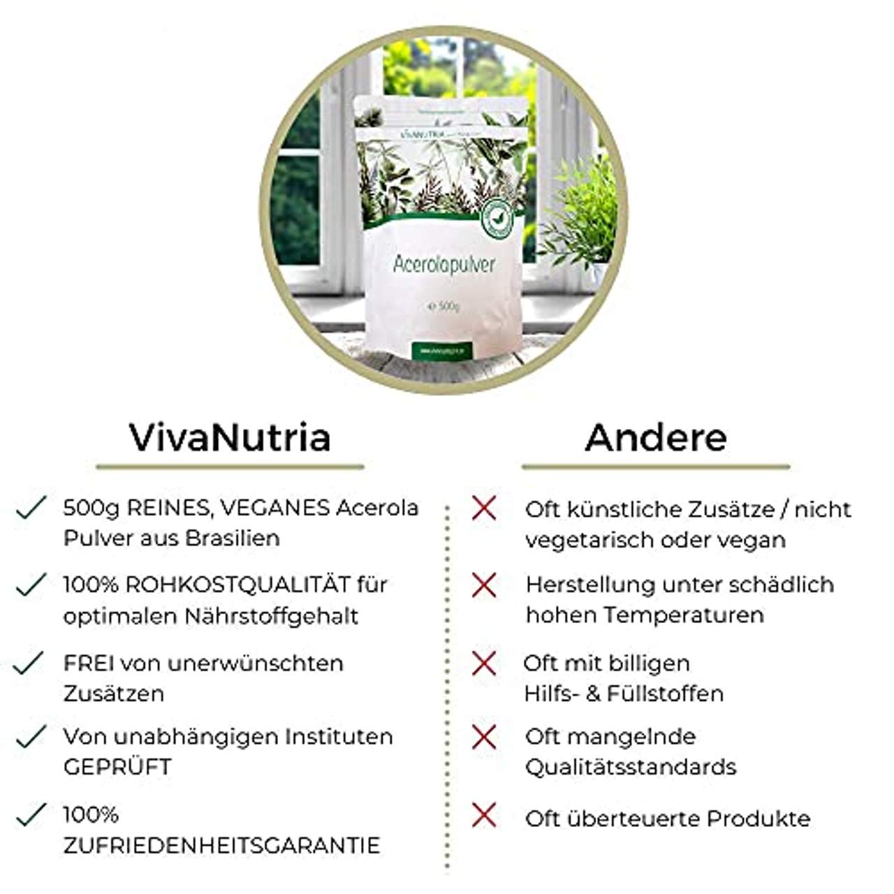 VivaNutria Acerola Pulver 500g I natürliches Vitamin C Pulver als Acerola