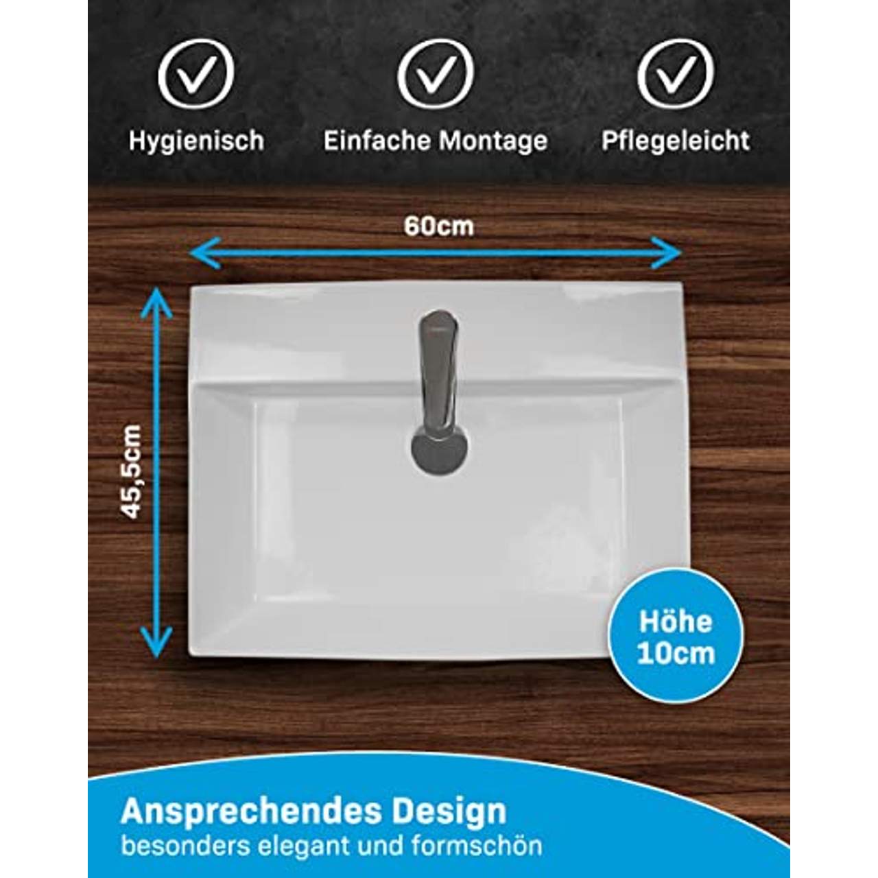 Alpenberger Hand-Waschbecken Waschtisch eckiges Keramik-Waschbecken