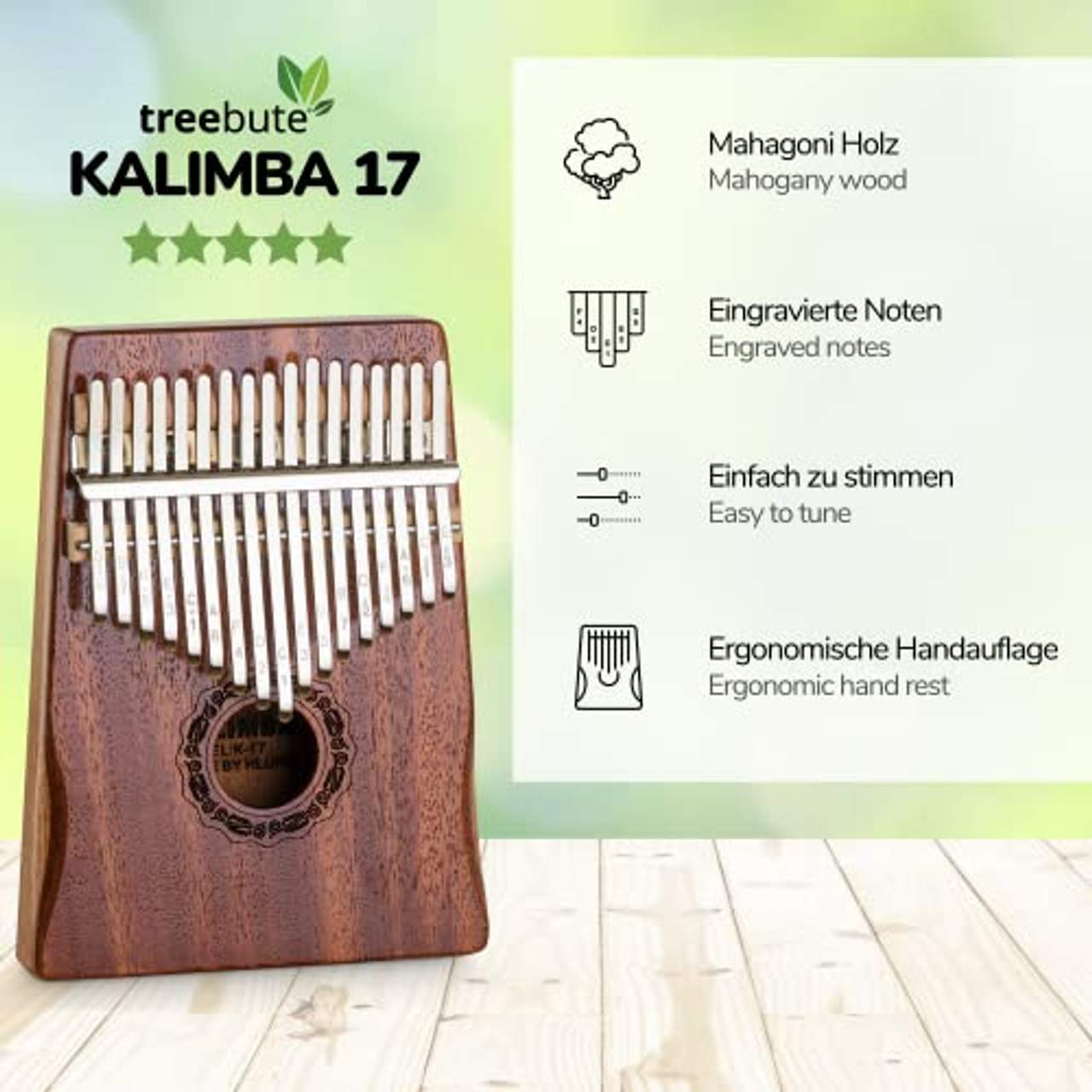Treebute Kalimba Instrument Daumenklavier: 17 Klangzungen in C-Dur