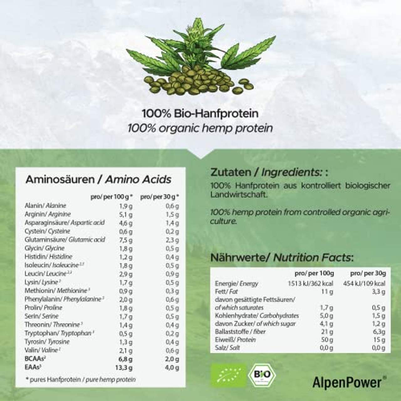 AlpenPower BIO Hanfprotein aus Österreich 600 g I 100% reines Hanfprotein ohne