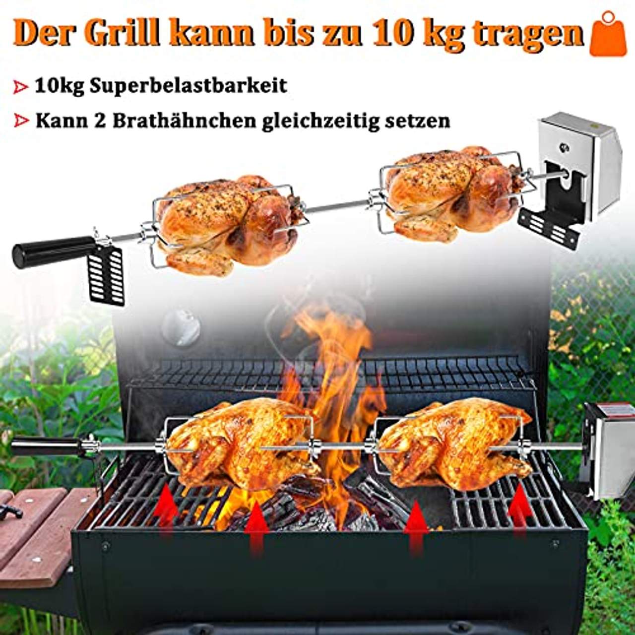 NAIZY Drehspieß für Gasgrill Grillspieß Set inkl. 2X Fleischnadeln und Edelstahl Motor