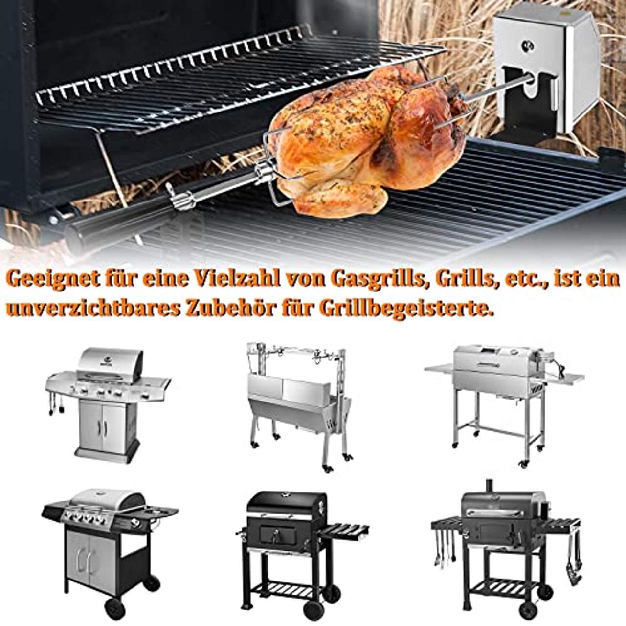 NAIZY Drehspieß für Gasgrill Grillspieß Set inkl. 2X Fleischnadeln und Edelstahl Motor