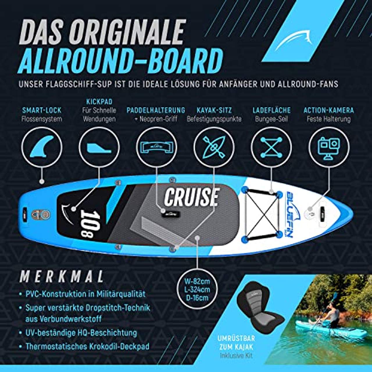 Bluefin Cruise SUP Board Set Fiberglas Paddel | Kajak Sitz | Komplettes Zubehör 2020