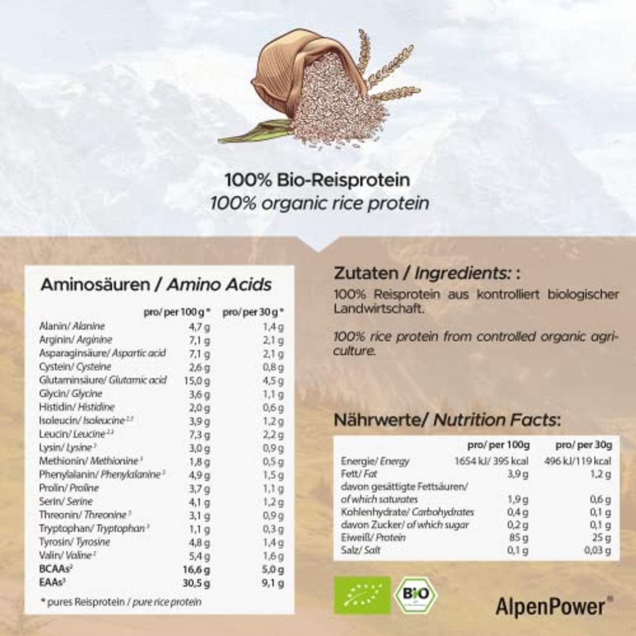 AlpenPower BIO Reisprotein 600g I Ohne Zusatzstoffe I 100% reines Reisprotein-Isolat